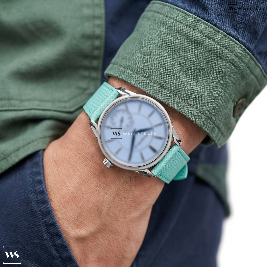 Blue Cross Hatch Leather Watch Strap on Gronefeld 1941 Principia Automatic Steel Light Blue Dial