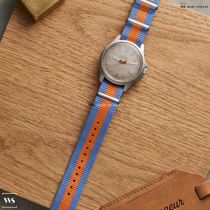 Blue/Orange 3 Stripes Nylon Watch Strap on Omega Geneve Admiralty Anchor 165.038