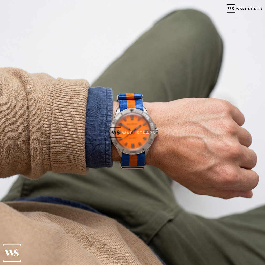 Blue/Orange 3 Stripes Nylon Watch Strap on Dan Henry 1975 Skin Diver Watch