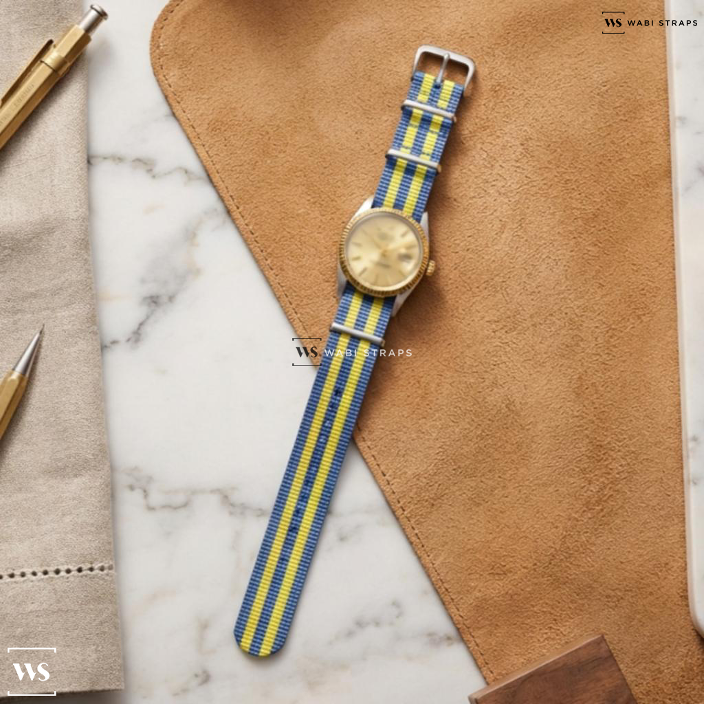 Blue/Yellow 5 Stripes Nylon Watch Strap on Rolex Datejust Two Tone Champagne Dial