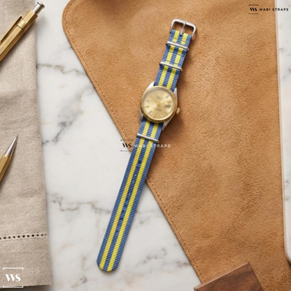 Blue/Yellow 5 Stripes Nylon Watch Strap on Rolex Datejust Two Tone Champagne Dial