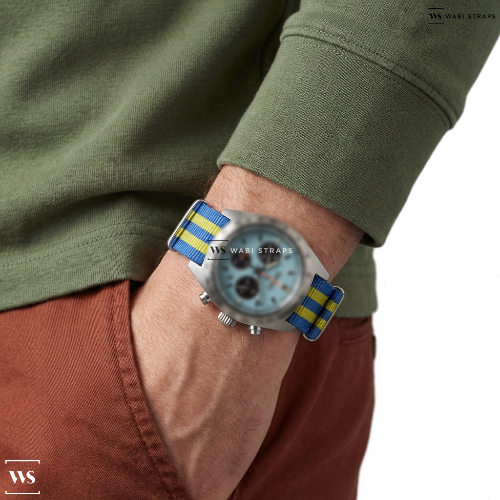Blue/Yellow 5 Stripes Nylon Watch Strap on Seiko Prospex Speedtimer Solar Chronograph Tiffany Dial