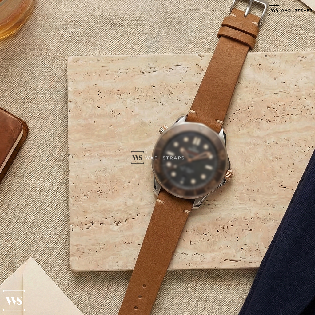 Brown Fuzzy Grain Leather Watch Strap on Omega Seamaster Diver 300M Black SS / 18k Sedna Gold 2022