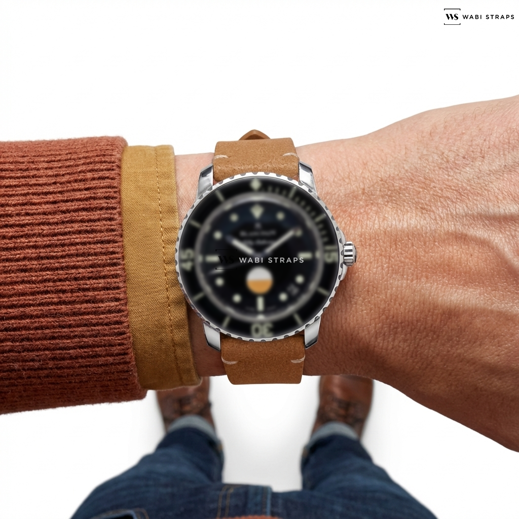 Brown Fuzzy Grain Leather Watch Strap on Blancpain Fifty Fathoms MilSpec Limited 2018