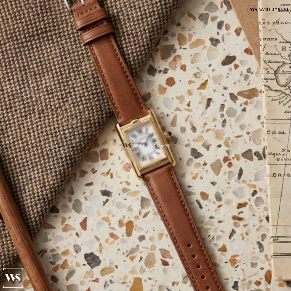 Brown Aged Leather Watch Strap on Cartier Privee Collection Tank Basculante 18K Yellow Gold/Deployant