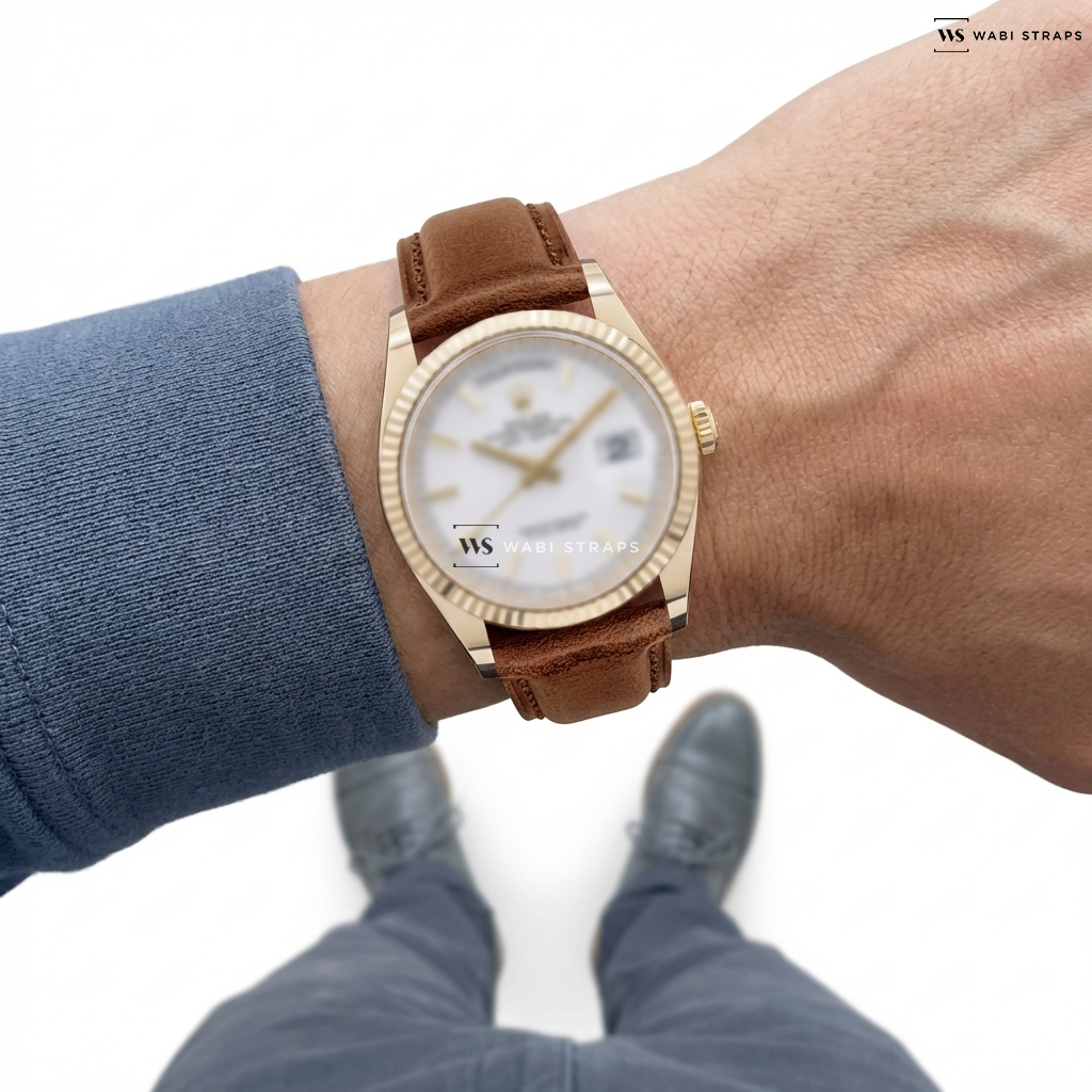 Brown Aged Leather Watch Strap on Rolex Day Date President 128238 18K Yellow Gold 2023
