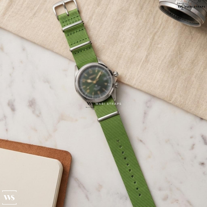 Green Bright Solid Plain Nylon Watch Strap on Seiko Alpinist SPB121 Green Dial