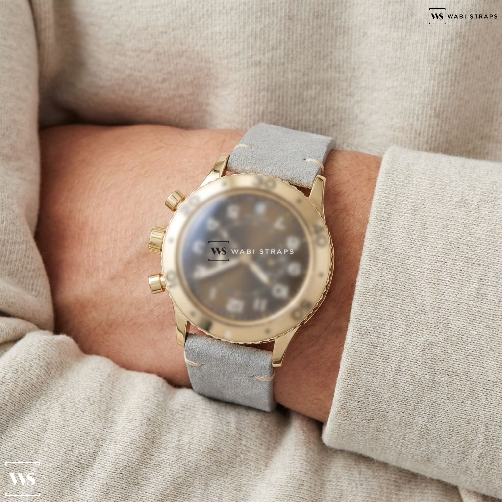 Grey Fuzzy Grain Leather Watch Strap on Breguet Type XX Transatlantique Alarm 18K