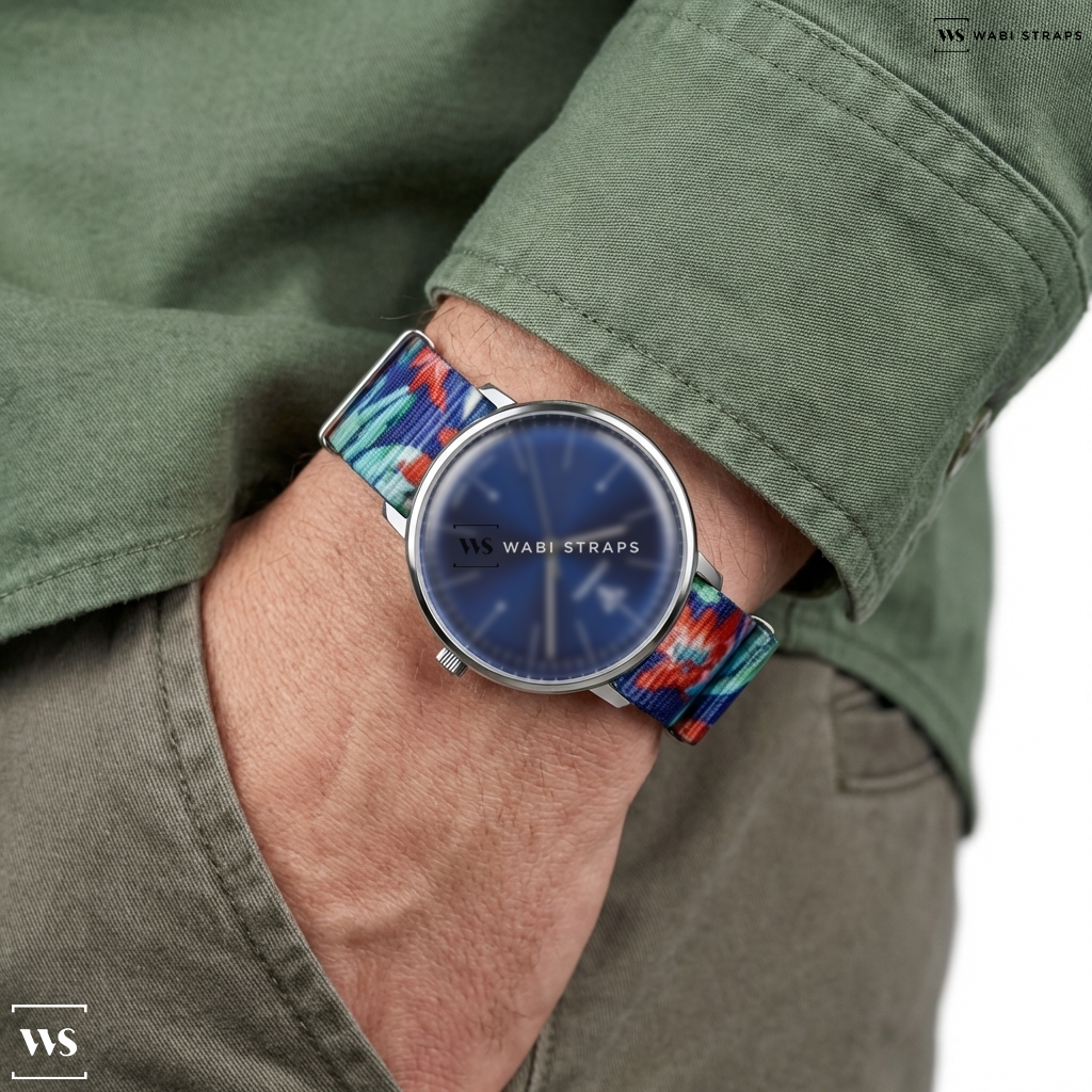 Blue/Green/Red Floral Print Nylon Watch Strap on Junkers Bauhaus 9.06.01.01