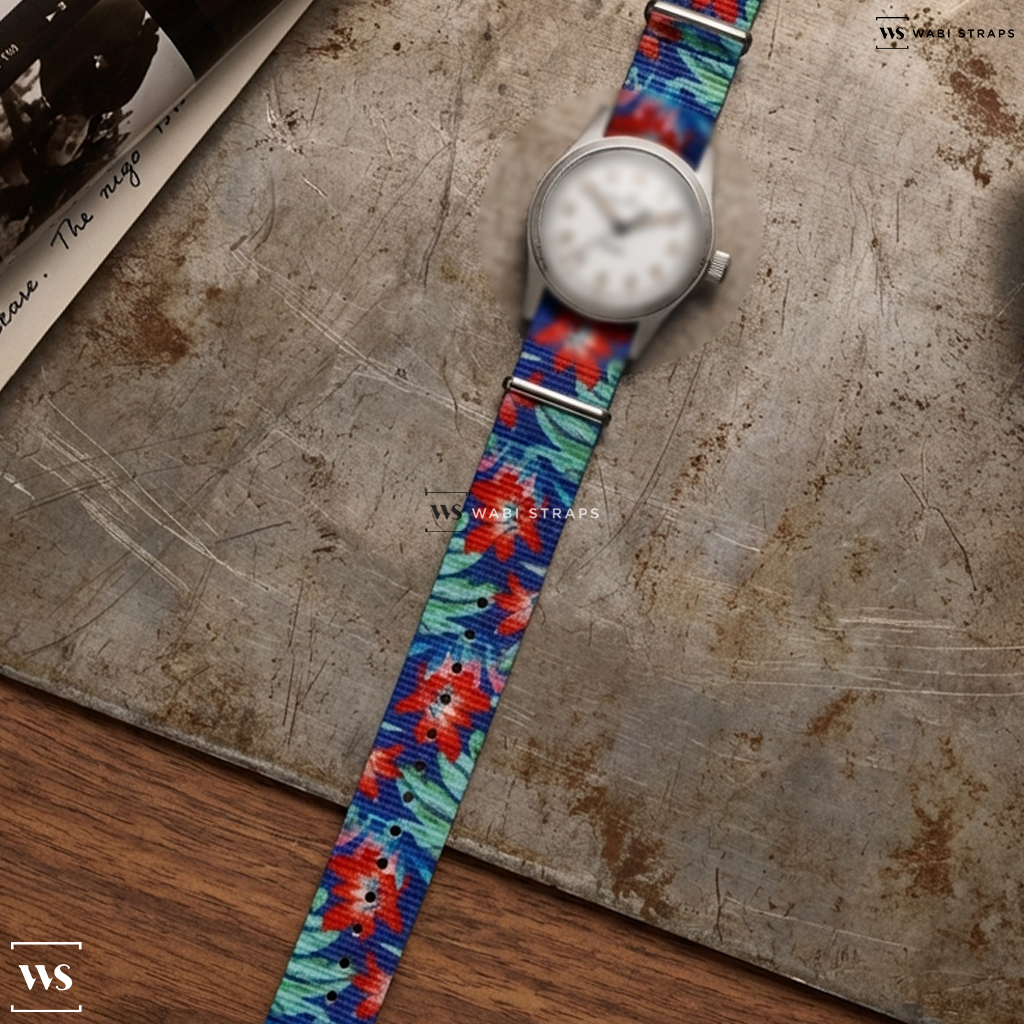 Blue/Green/Red Floral Print Nylon Watch Strap on Hamilton Khaki Field Quartz 38mm