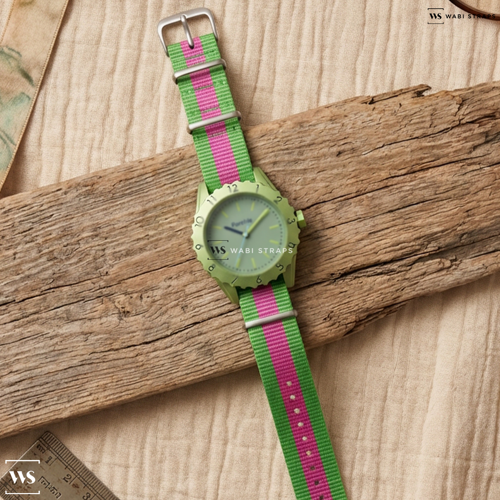 Green/Pink 3 Stripes Nylon Watch Strap on Parchie Party Time Green