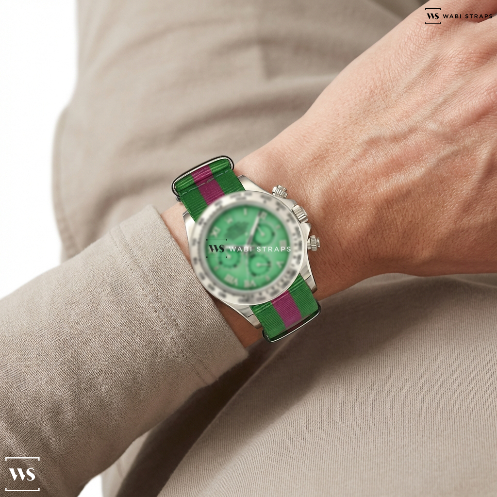 Green/Pink 3 Stripes Nylon Watch Strap on ROLEX | COSMOGRAPH DAYTONA, REFERENCE 116509H, A WHITE GOLD CHRONOGRAPH