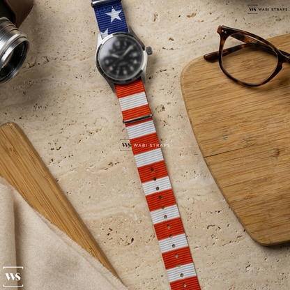 Blue/Red/White Graphic Print Nylon Watch Strap on Hamilton Khaki Field Auto