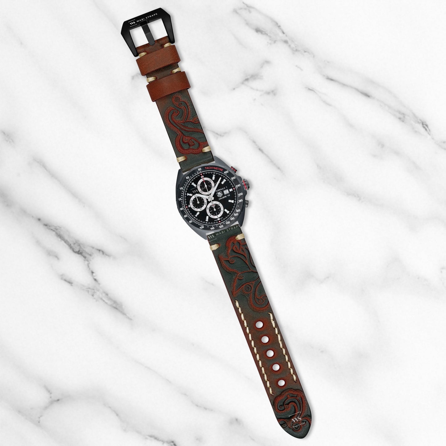 Red Maori Style Embossed Leather Strap