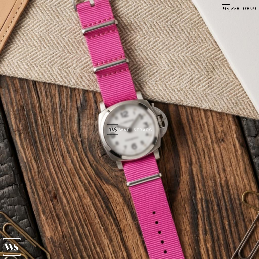 Pink Bright Solid Plain Nylon Watch Strap on Panerai Luminor PAM00114 White Dial