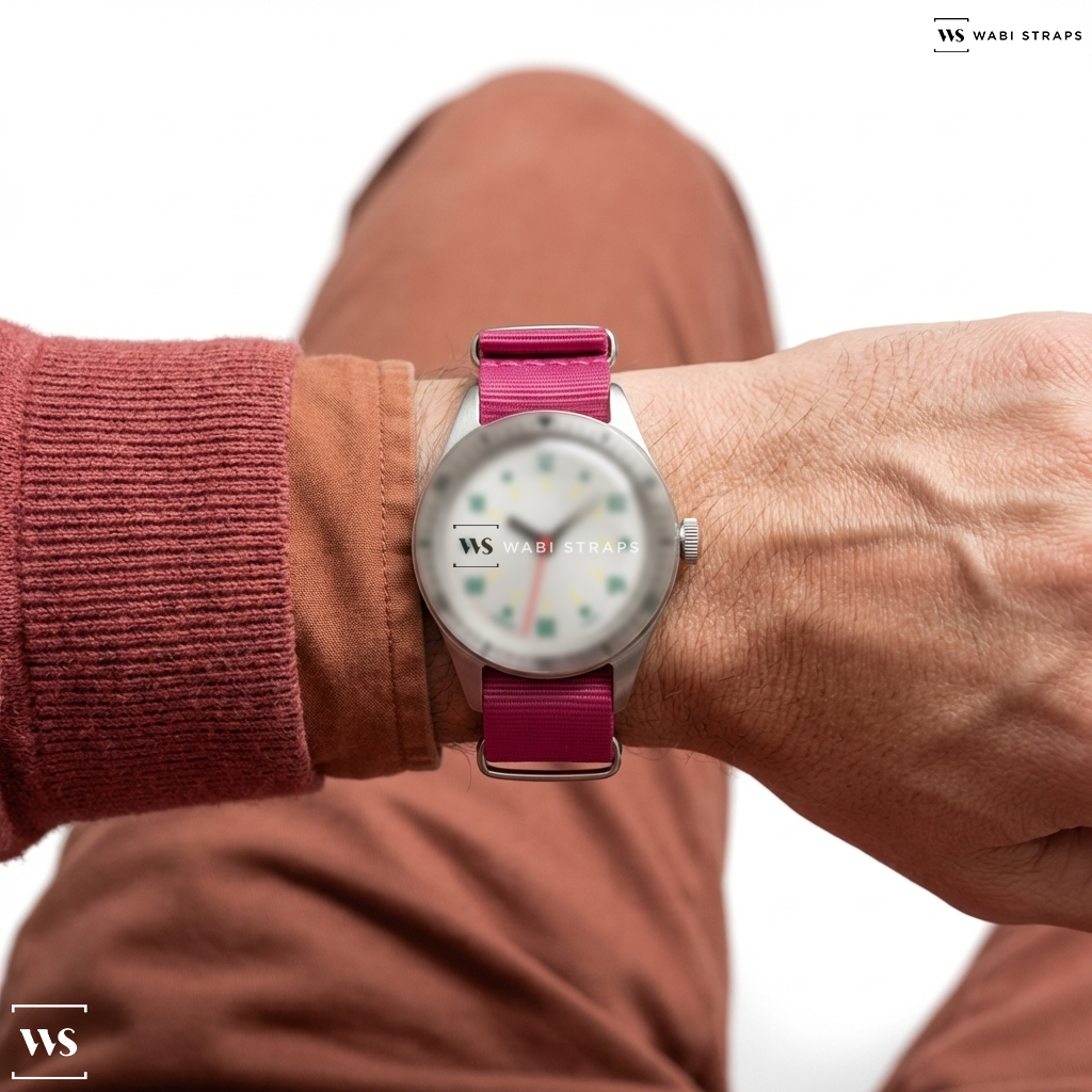 Pink Bright Solid Plain Nylon Watch Strap on Paulin Neo A