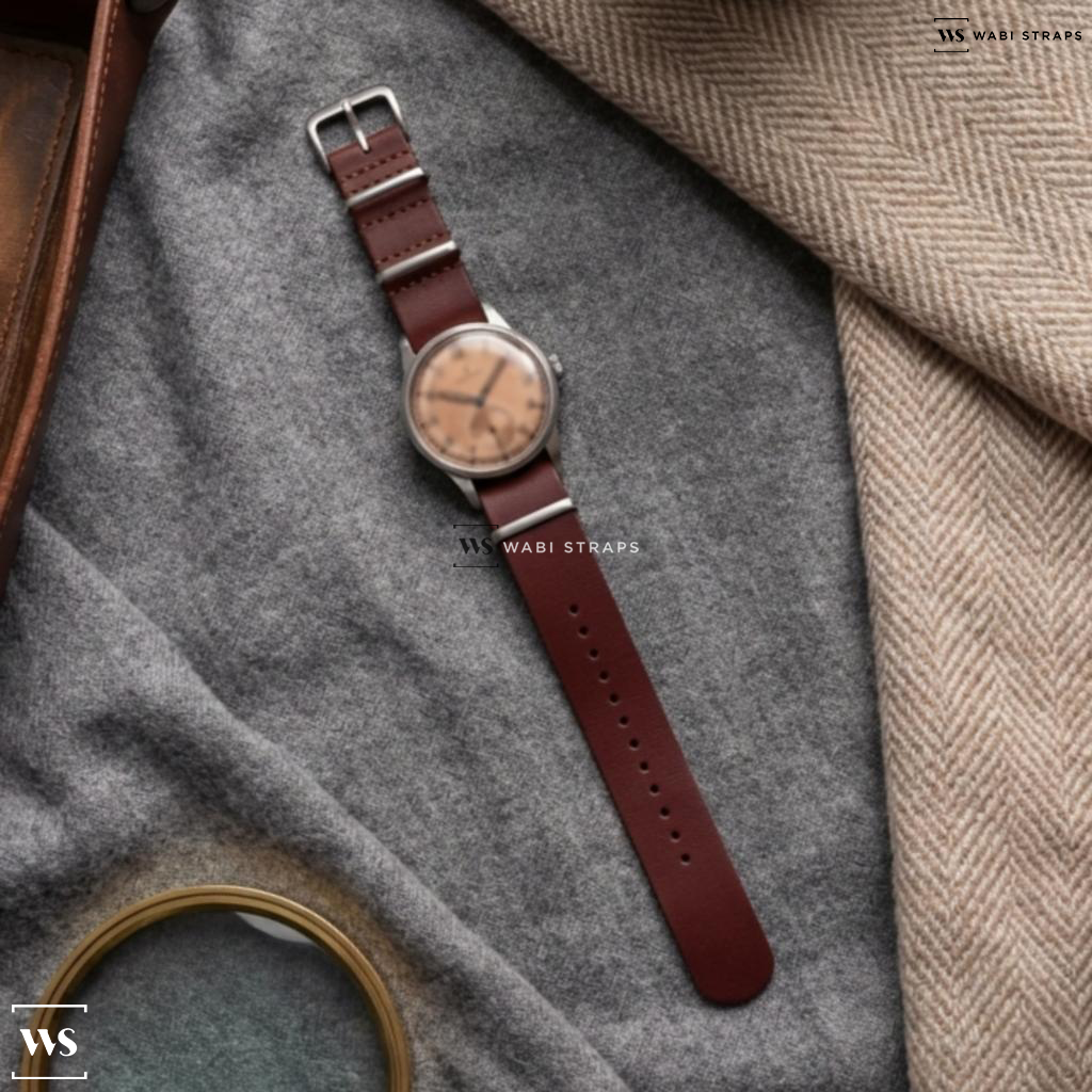 Red Aged Rustic Leather Watch Strap on Vintage Zenith Subsecond Military