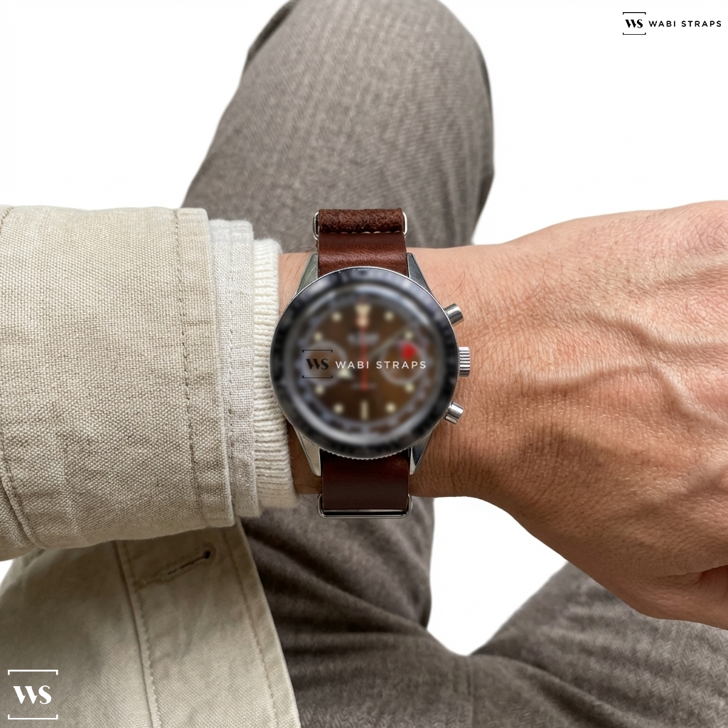 Red Aged Rustic Leather Watch Strap on Le Jour Vintage Dive Chronograph