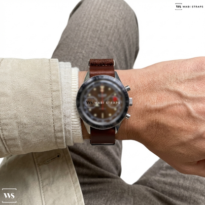 Red Aged Rustic Leather Watch Strap on Le Jour Vintage Dive Chronograph