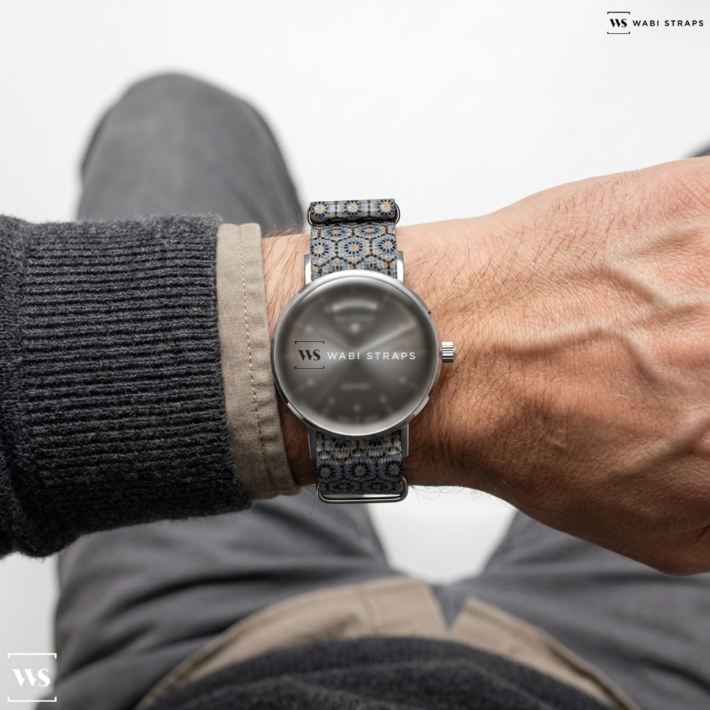 Beige/Black/Grey Graphic Print Nylon Watch Strap on Bauhaus Watch 21622