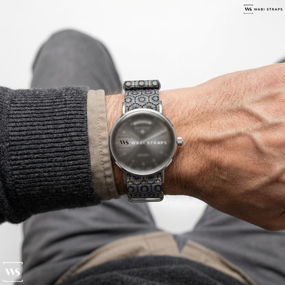 Beige/Black/Grey Graphic Print Nylon Watch Strap on Bauhaus Watch 21622