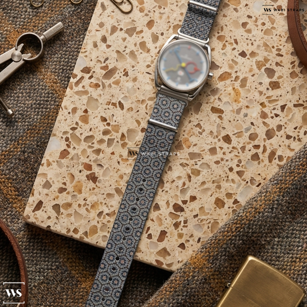 Beige/Black/Grey Graphic Print Nylon Watch Strap on Louis Erard x Alain Silberstein Smile-Day Grey