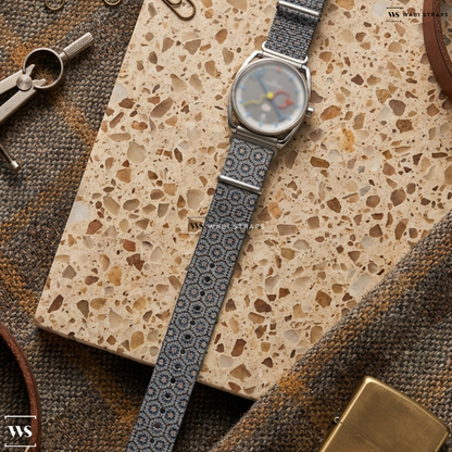 Beige/Black/Grey Graphic Print Nylon Watch Strap on Louis Erard x Alain Silberstein Smile-Day Grey