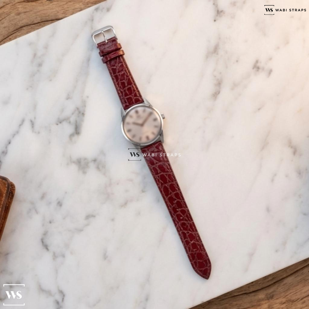Red Alligator Embossed Grain Leather Watch Strap on IWC Vintage Dress Watch Automatic