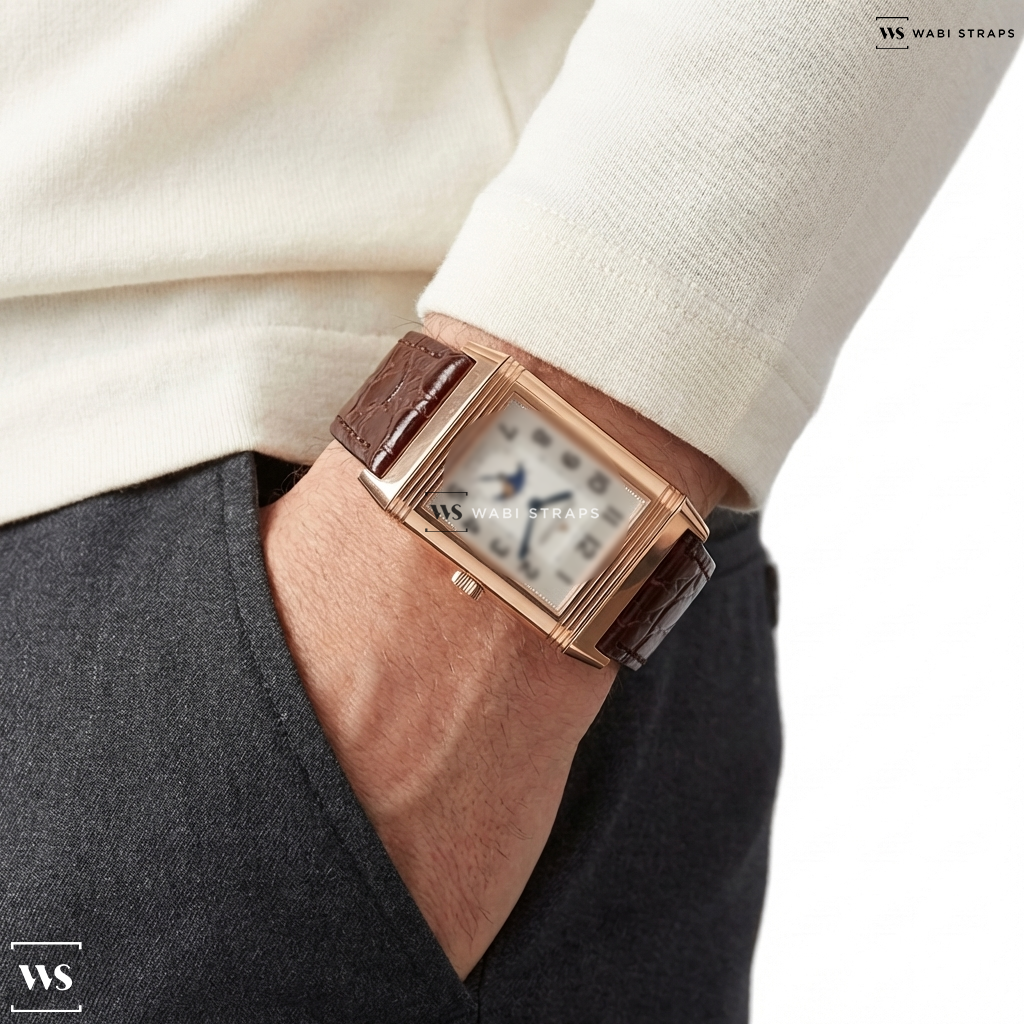 Red Alligator Embossed Grain Leather Watch Strap on JLC Reverso Day-Night Power Reserve