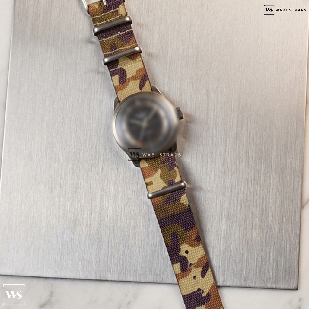 Beige/Brown/Green/Grey Tactical Camouflage Nylon Watch Strap on Jean Perret Panda Chronograph Vintage