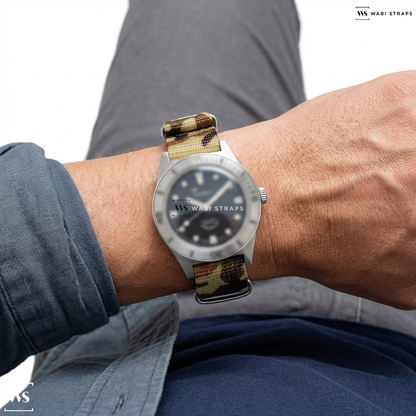 Beige/Brown/Green/Grey Tactical Camouflage Nylon Watch Strap on Excelsior Park Vintage Chronograph Tropical Dial