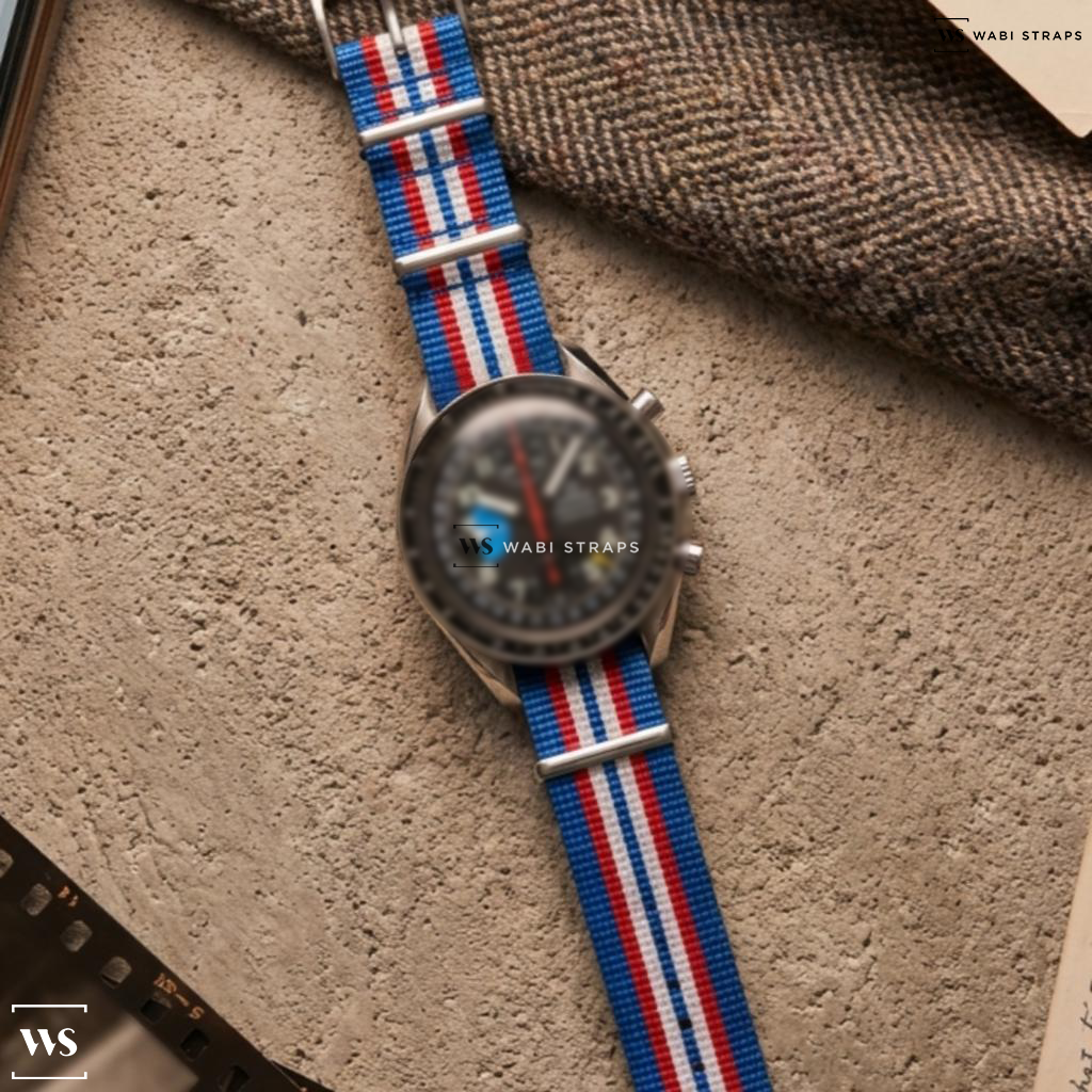 Blue/Red/White 7 Stripes Nylon Watch Strap on Omega Speedmaster Mark 40 Day Date