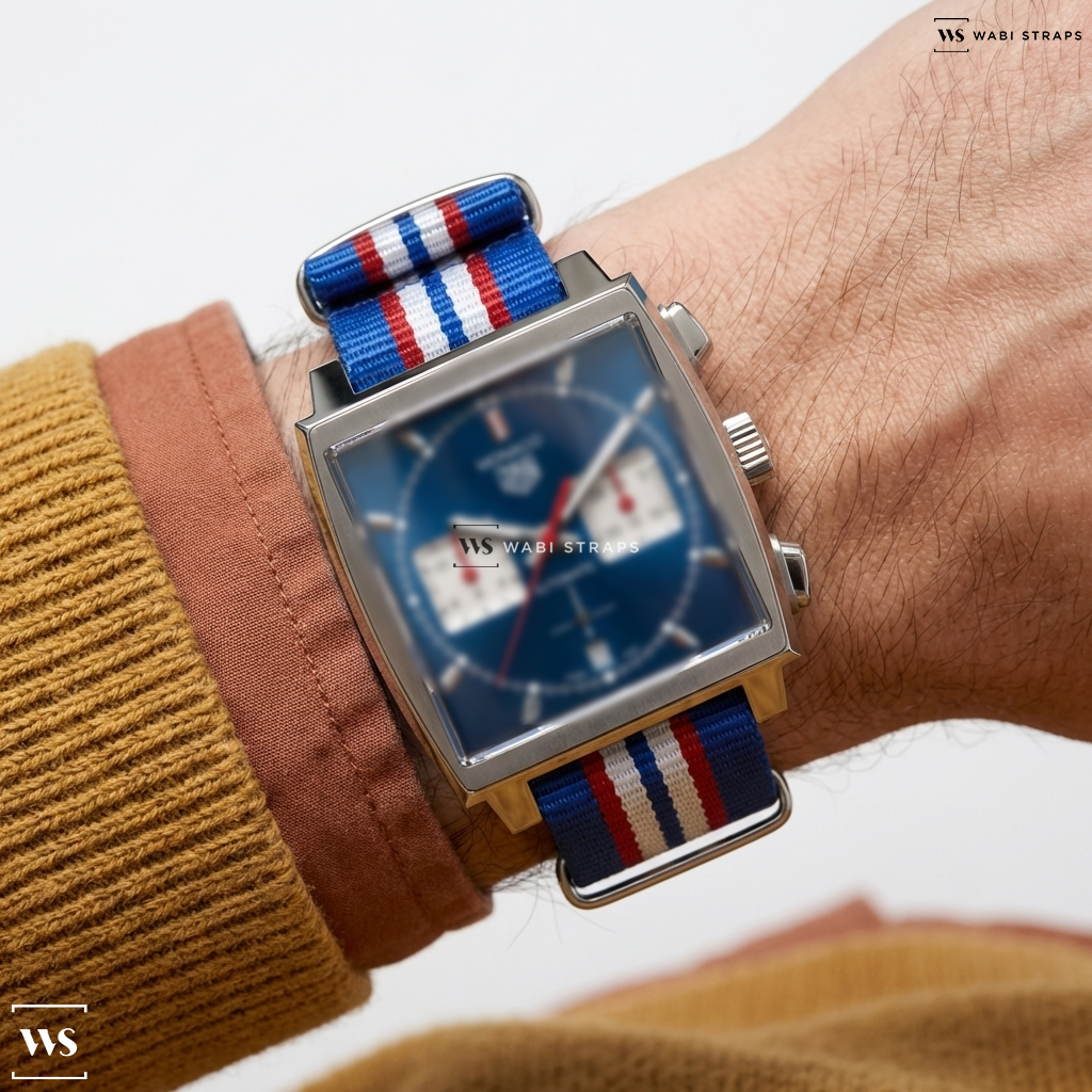 Blue/Red/White 7 Stripes Nylon Watch Strap on TAG Heuer Monaco Chronograph