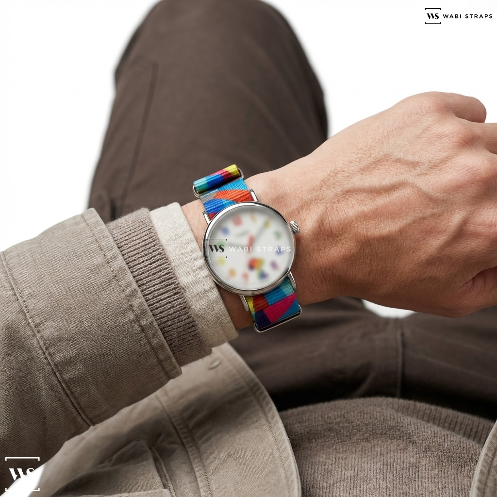 Rainbow Graphic Print Nylon Watch Strap on Timex Standard x Peanuts Rainbow 40mm Leather Strap Watch