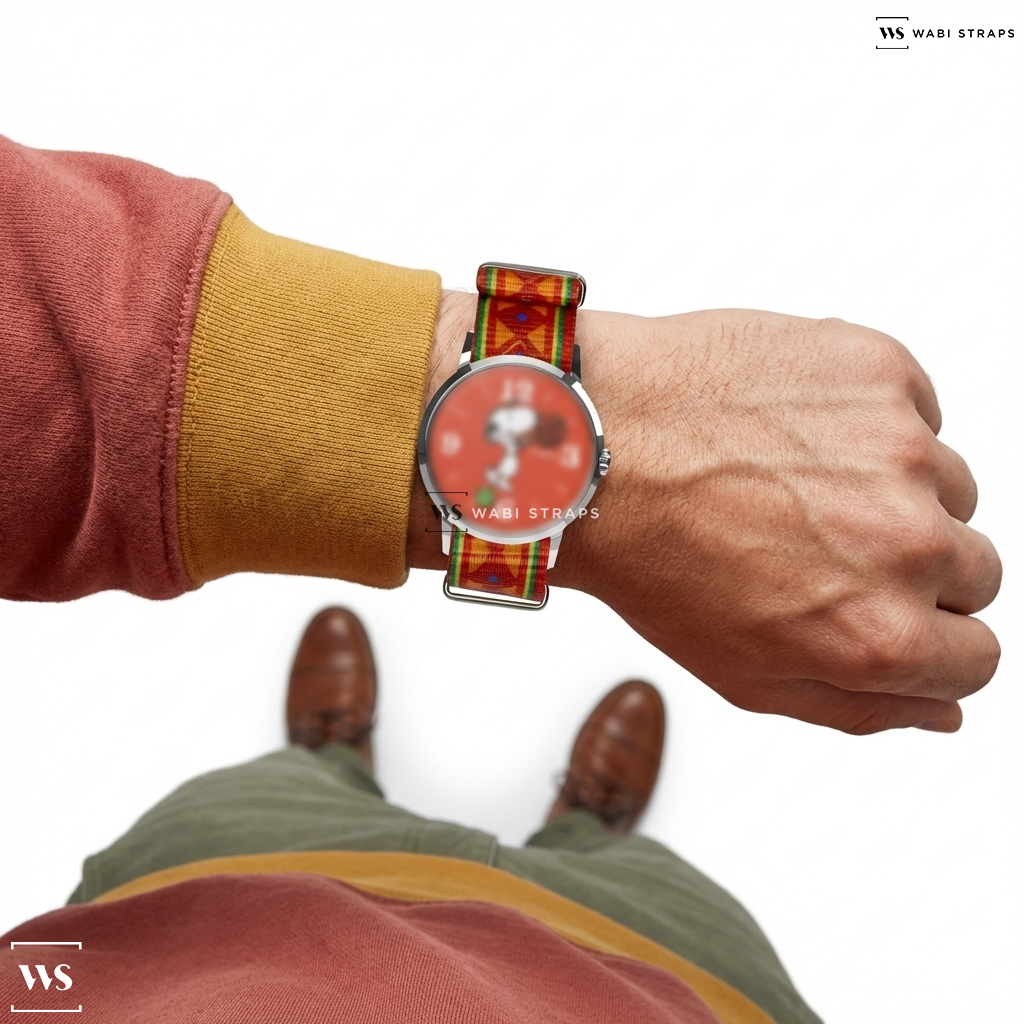 Green/Orange/Red/Yellow Graphic Print Nylon Watch Strap on Timex Marlin® Hand-Wound x Snoopy Tennis