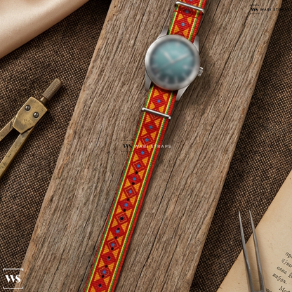 Green/Orange/Red/Yellow Graphic Print Nylon Watch Strap on Fortis Flieger F-39 Automatic