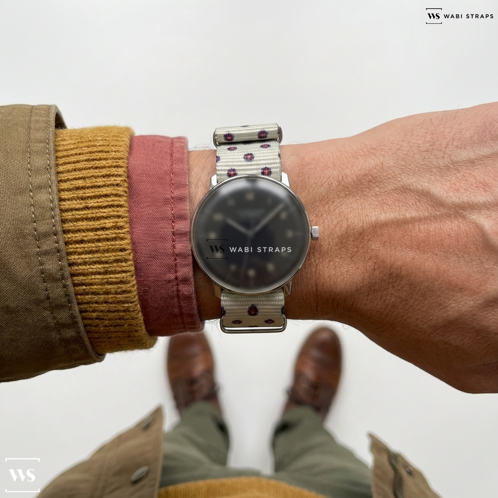 Blue/Red/White Graphic Print Nylon Watch Strap on Junghans Max Bill Automatic