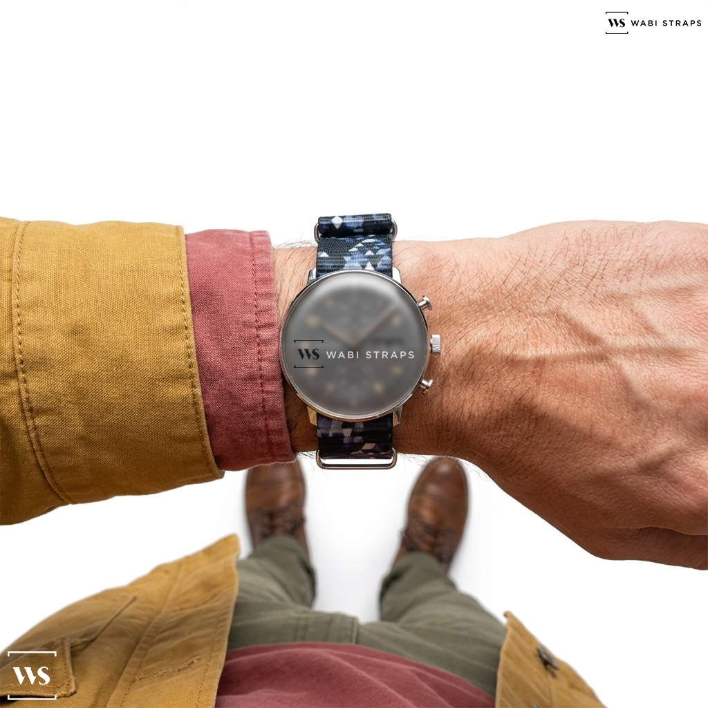 Black/Grey/White Tie Dye Nylon Watch Strap on Junghans Max Bill Chronoscope