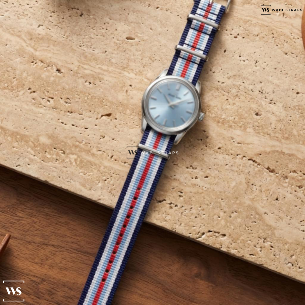 Blue/Red/White 7 Stripes Nylon Watch Strap on Grand Seiko Elegance Kishun SBGW283
