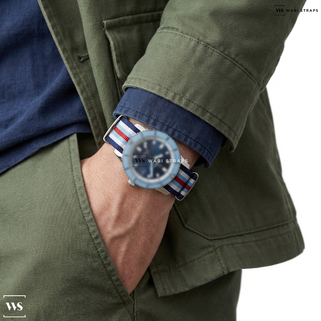 Blue/Red/White 7 Stripes Nylon Watch Strap on Zodiac Super Sea Wolf 53 Compression Automatic Dive Watch