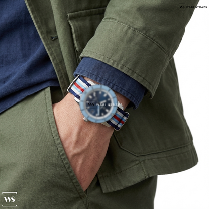 Blue/Red/White 7 Stripes Nylon Watch Strap on Zodiac Super Sea Wolf 53 Compression Automatic Dive Watch