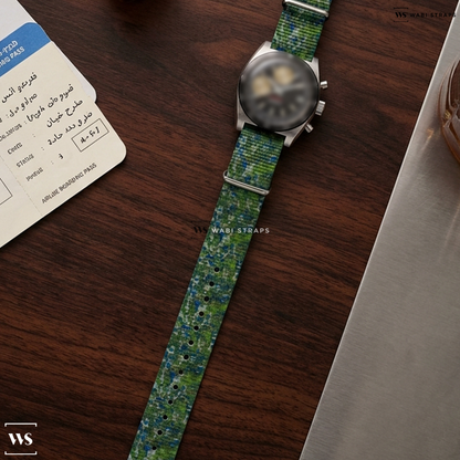 Blue/Green Tie Dye Nylon Watch Strap on Nivada Grenchen Chronosport