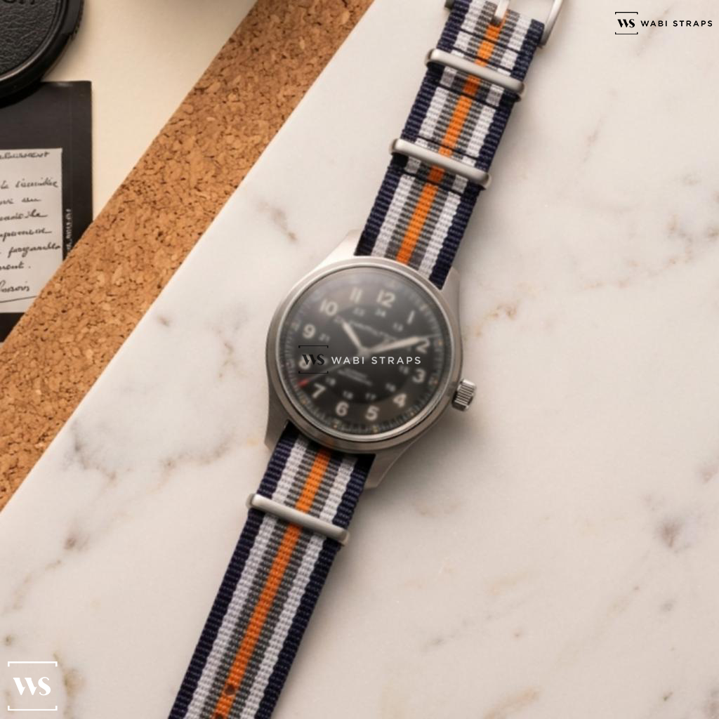 Blue/Grey/Orange/White 7 Stripes Nylon Watch Strap on Hamilton Khaki Field Titanium Black Dial Orange Font