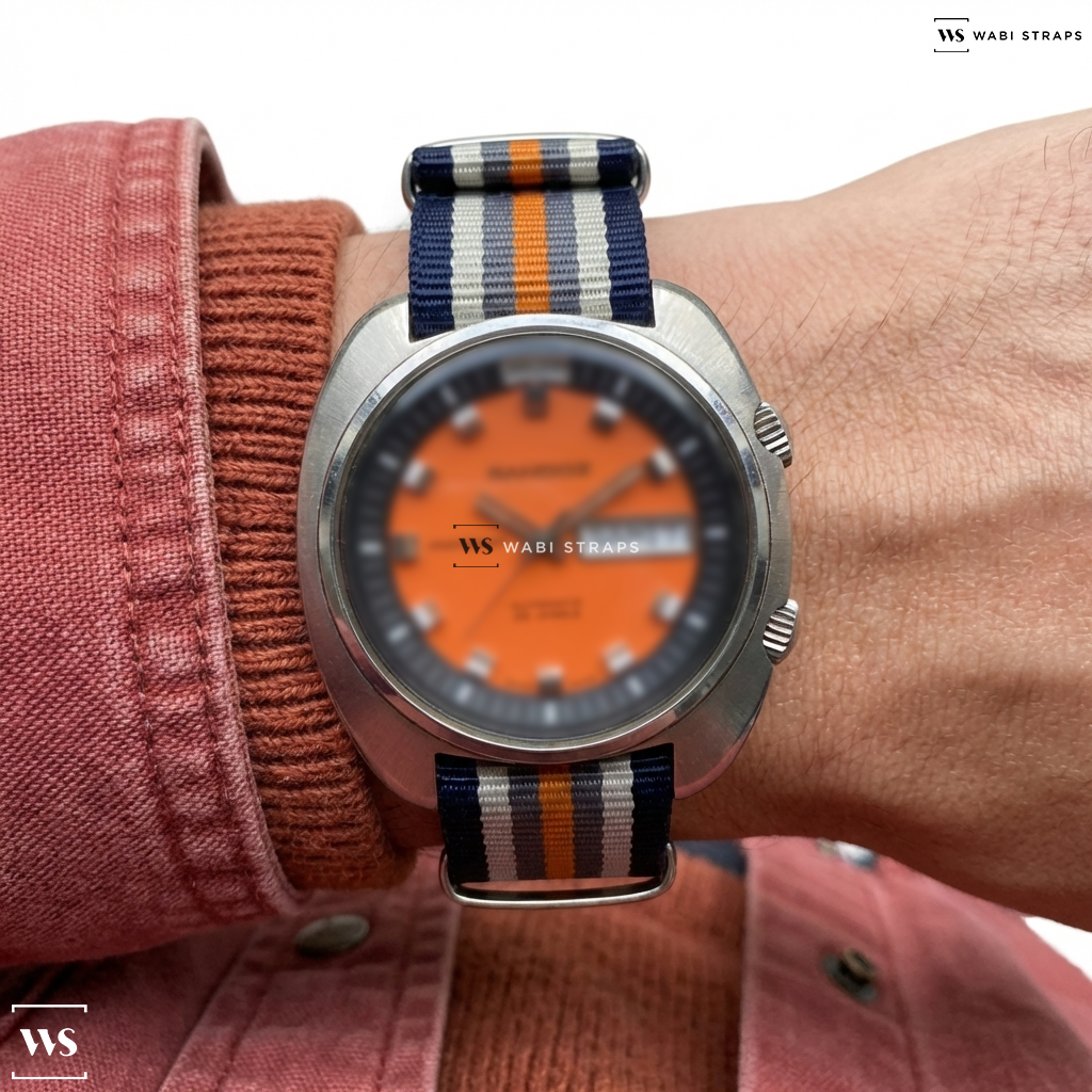 Blue/Grey/Orange/White 7 Stripes Nylon Watch Strap on Sandoz Monsoon