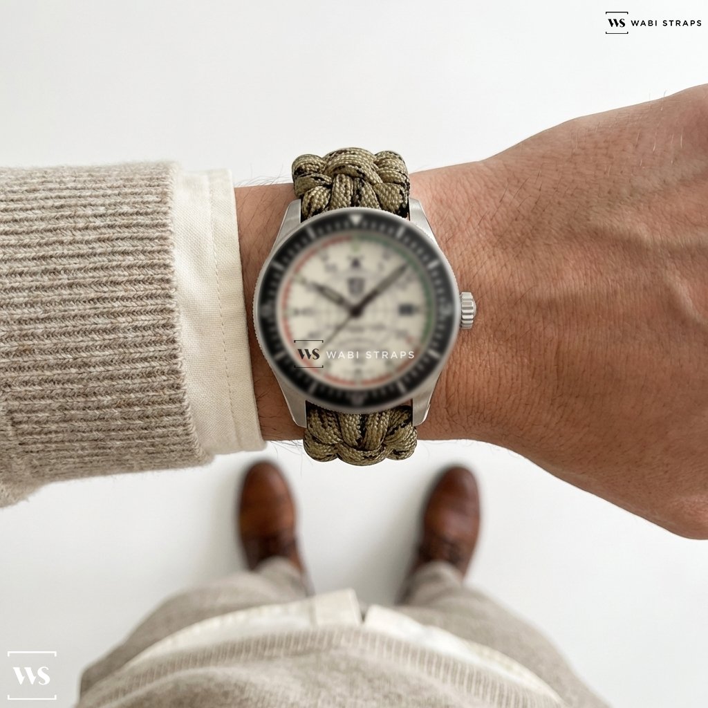 Beige/Black Woven Nylon Watch Strap on Luminox Air Automatic Constellation 42mm, Pilot Watch XA.9607
