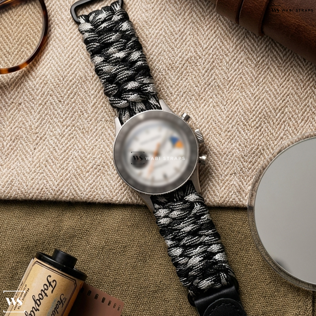 Black/White Woven Nylon Watch Strap on Nivada Grenchen Analog:Shift X Nivada Grenchen Big Eye Yachting Limited Edition 86029M04