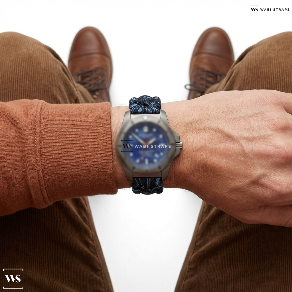 Black/Blue Woven Nylon Watch Strap on Victorinox INOX Professional Diver Titanium 45mm 241813
