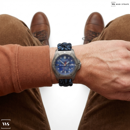 Black/Blue Woven Nylon Watch Strap on Victorinox INOX Professional Diver Titanium 45mm 241813