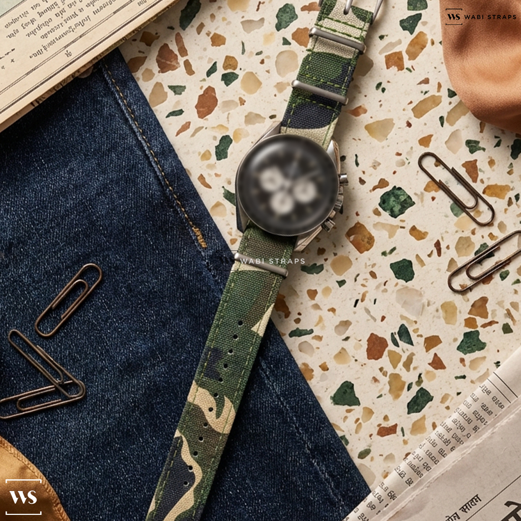 Brown/Green/White Tactical Camouflage Canvas Watch Strap on Omega Speedmaster Speedy Tuesday