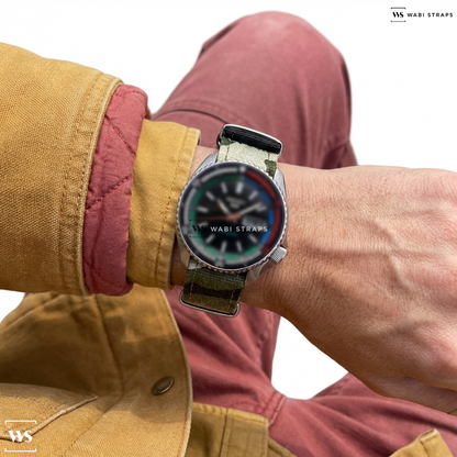Brown/Green/White Tactical Camouflage Canvas Watch Strap on SEIKO 5 Sports SBSA221 Black Retro Color LIMITED Men's Watch New in Box
